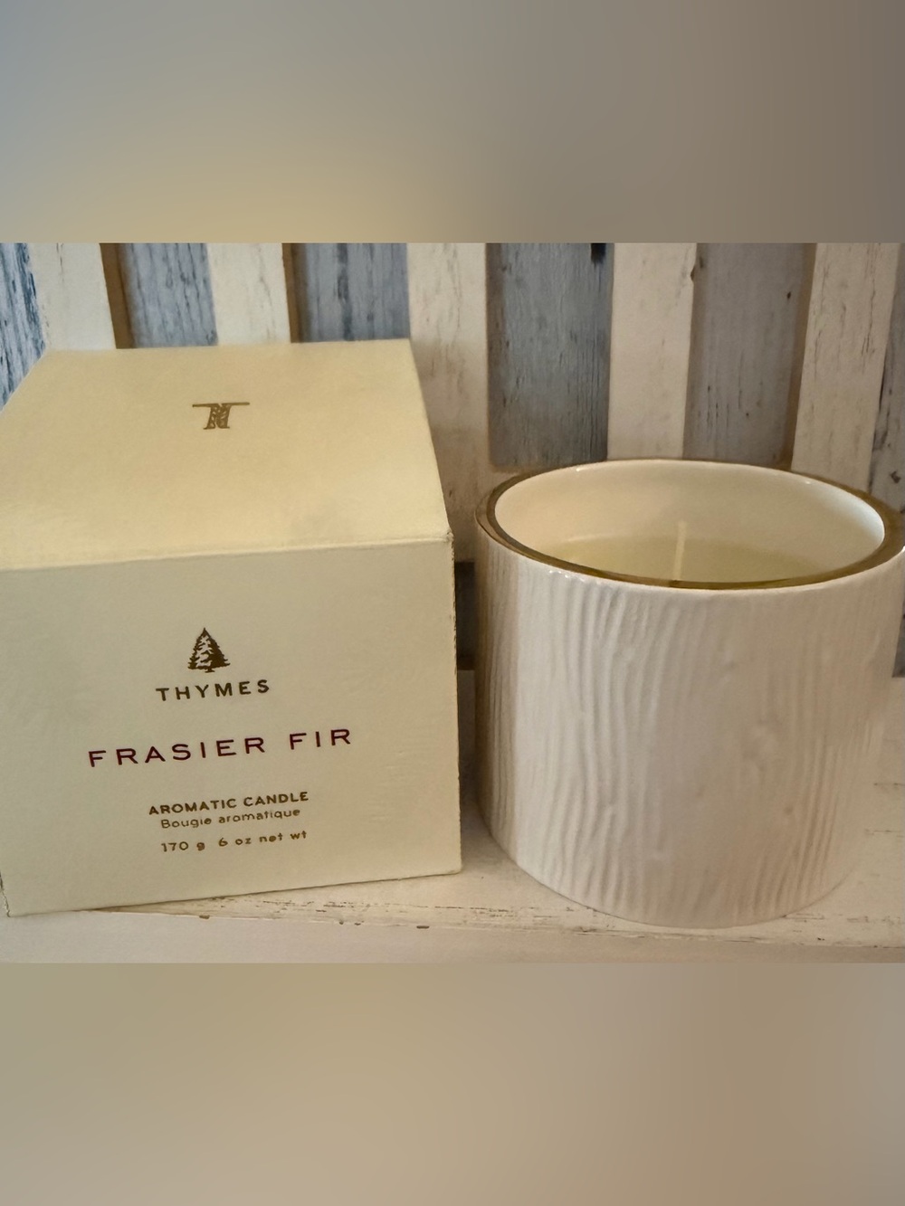 Thymes Fraiser Fir 6oz Aromatic Candle New In Box White Ribbed Jar 1-wick